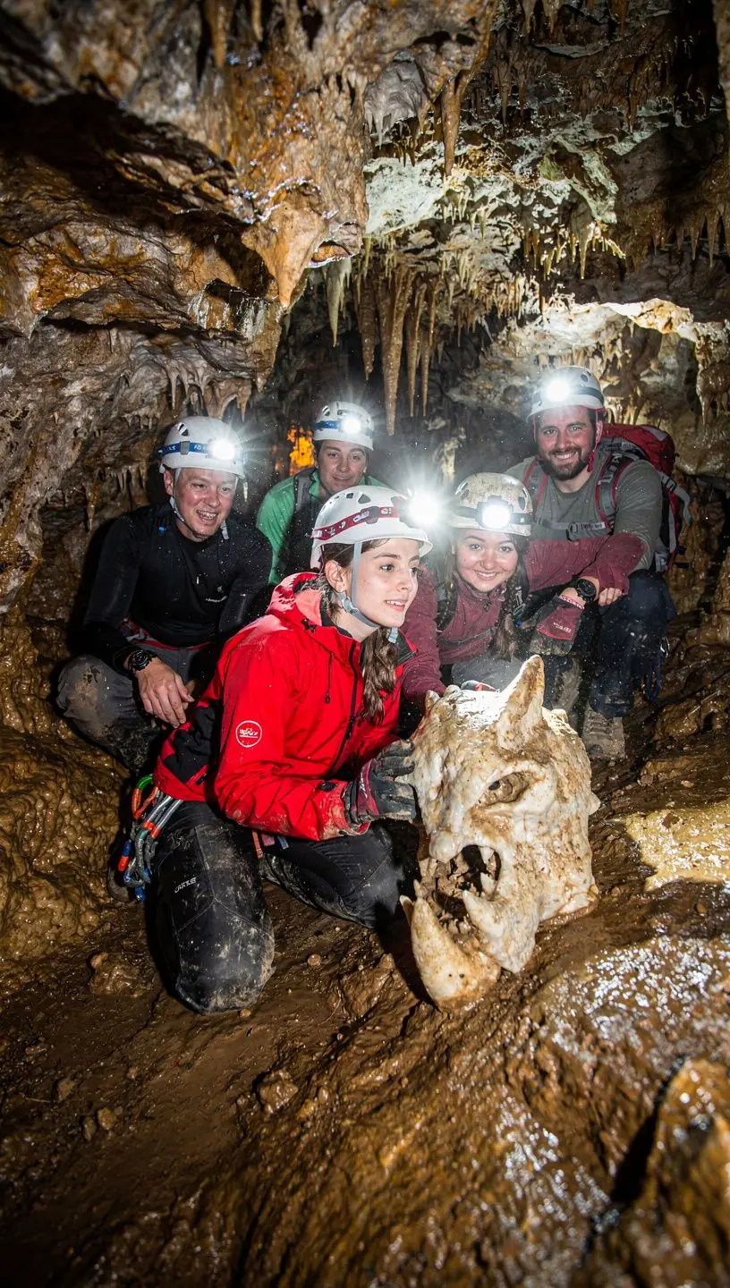 Intricate stalactites and stalagmites creating a stunning natural sculpture in a dimly lit cavern.