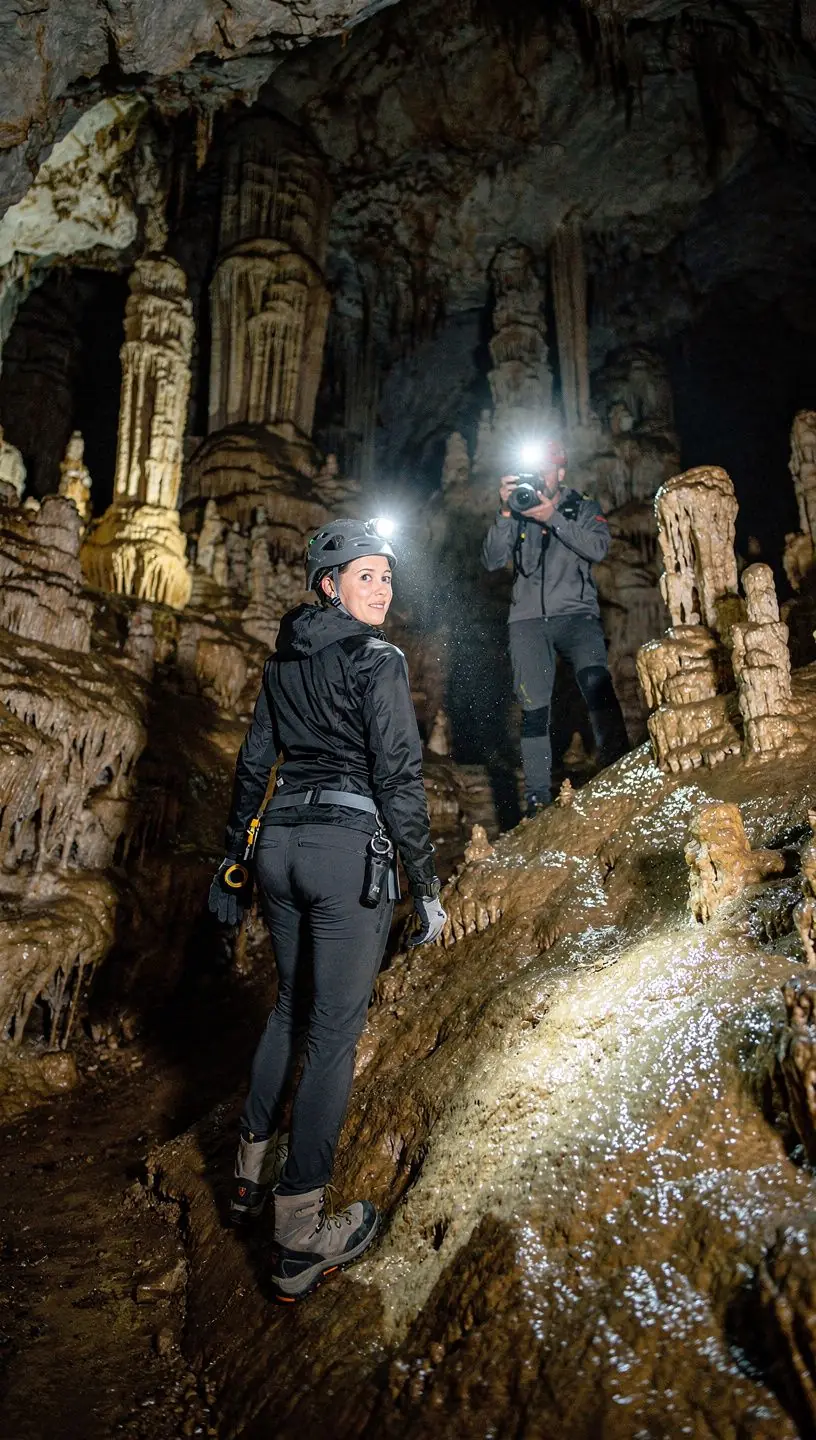 Vivid mineral deposits adding vibrant colors to the walls of a limestone cave chamber.