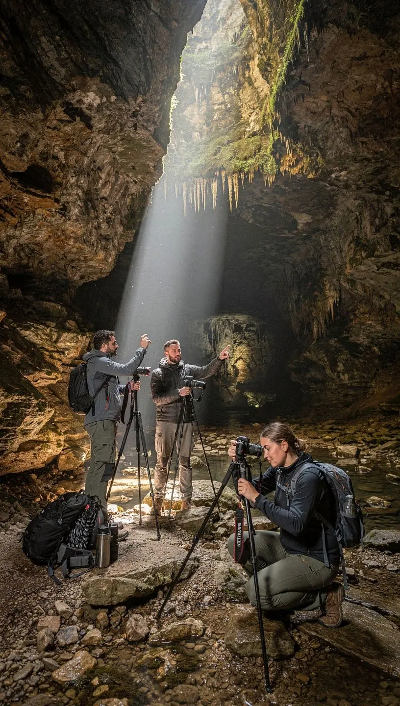 Majestic limestone formations illuminated by natural light inside a vast underground cave.